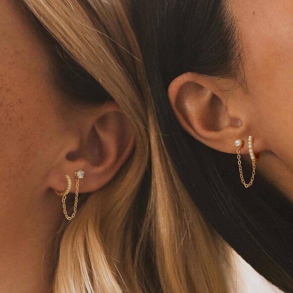 Gold Pearl Hoop Earrings for Women | 18K Gold Huggie Dangle Earrings | Lightweig - Picture 9 of 9